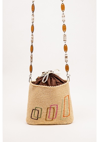 Fabric Craft Bag Örgü Omuz Çantası Metal Zincir Askılı Astarlı Boho Bej - Sütlü Kahve