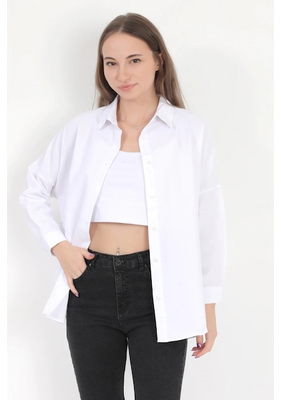 Giysa Kadın Beyaz Uzun Kollu Basic Pamuklu Oversize Gömlek - 3900 Beyaz