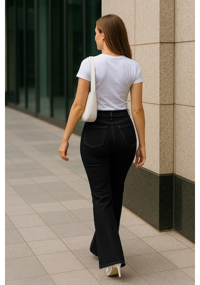 Cedy Denim Cedy Denım - Kadın Büyük Beden İspanyol Paça Yüksek Bel Skinny Fit Likralı Pantolon C628 Siyah