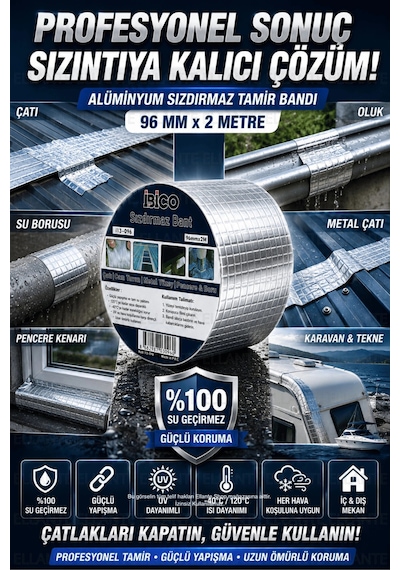96 Mm X 2 Metre Alüminyum Sızdırmaz Tamir Bandı Su Geçirmez Güçlü Yapışkan Çatı Oluk Boru Pencere İz
