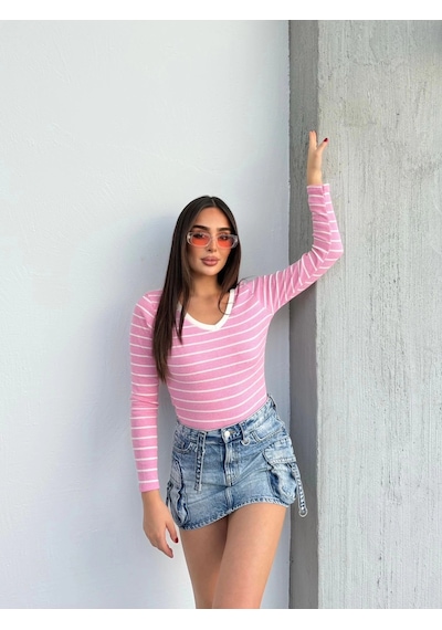 Defymoda V Yaka Çizgili Bluz Pembe A3699 Pembe