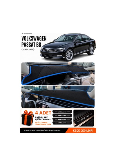 Volkswagen Passat B8 2015-2020 Uyumlu Torpido Örtüsü, Torpido Kılıfı - Siyah Mavi