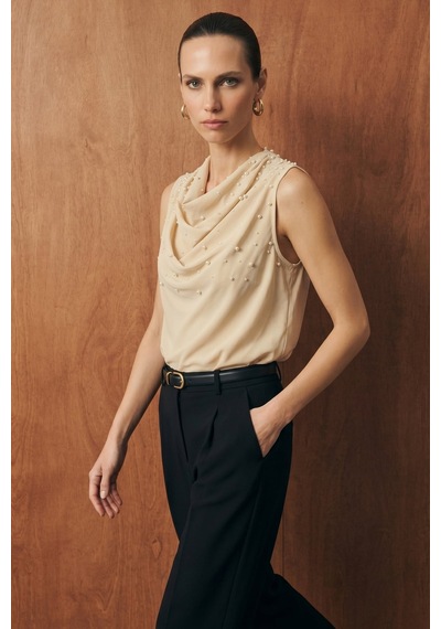 Sateen İnci Detaylı Bluz - Bej-137355