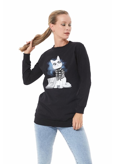 Kedi Baskılı Sıfır Yaka Siyah Kadın Sweatshirt-xl Siyah