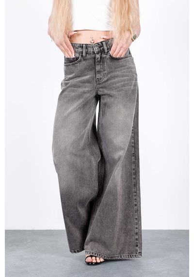 HLT Jeans Gri Kar Kadın Wide Leg Jean %100 Pamuklu Yüksek Bel Palazzo Kot Pantolon Angel-2050 Kar Yıkama