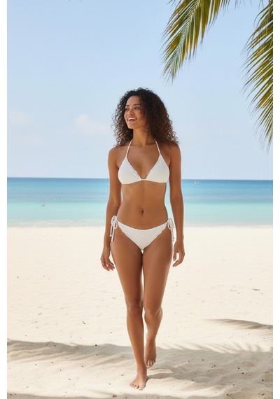 Modadua Kadın Beyaz Pedli Bel Ve Boyundan Bağlamalı Dantelli Şık Bikini Takımı