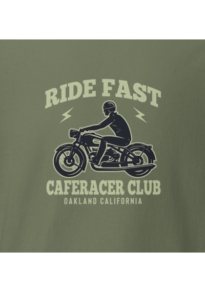 Wildstyle Ride Fast Caferacer Club Motosiklet Vintage Cafe Baskılı Unisex Bisiklet Yaka Pamuklu Tişört - Haki