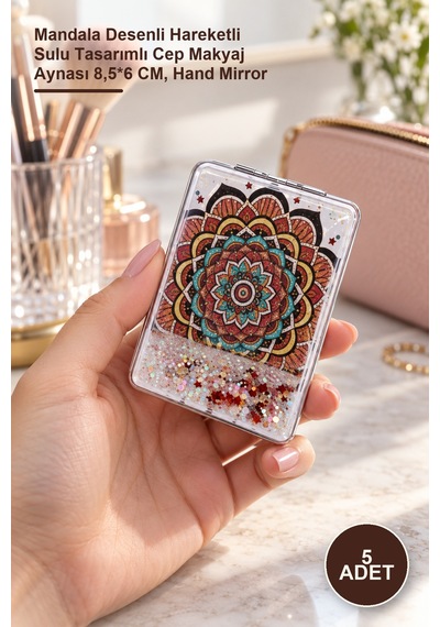 5 Adet El Aynası Mandala Desenli Hareketli Sulu Tasarımlı Cep Makyaj Aynası 8,5 6 Cm, Hand Mirror Sarı