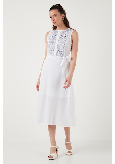 Lela Nakışlı Regular Fit Kolsuz Midi Bayan Elbise 611El00959 Ekru-Indigo