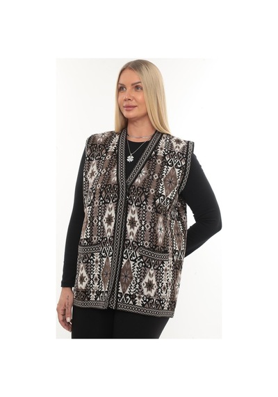 İksun Kadın Etnik Model Triko Örgü Kilim Cepli Kışlık Kalın Anne Yelek Kahve
