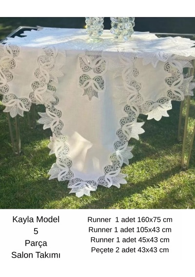 Salon Takımı Krem-krem Kayla Model 5 Parça Keten Dantelli Runner Seti Çok Renkli