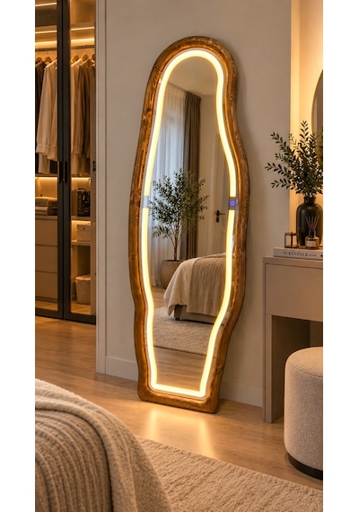 Ledli Doğal Ahşap Çerçeveli 180x60 Cm Ceviz Asimetrik Ayaklı Boy Aynası