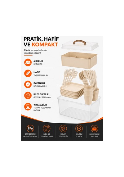 6 Kişilik Piknik Seti 32 Parça Kilitli Taşıma Kutulu Kamp Seyahat Servis Seti Krem Bej