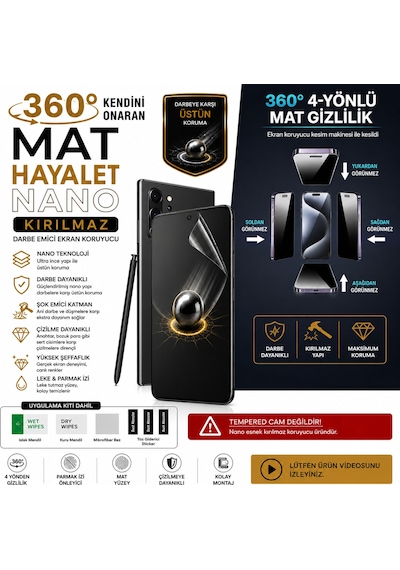 16 Pro Max İçin Uyumlu 360 Derece Mat Hayalet Kendini Onaran Nano Kırılmaz Darbe Emici Ekran Koruyucu