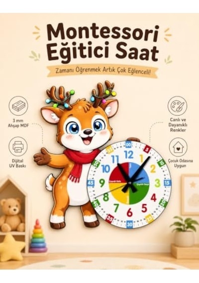 Sevimli Geyik Montessori Çocuk Odası Eğitici Ahşap Duvar Saati - Sessiz Mekanizma, Şık Tasarım Saat
