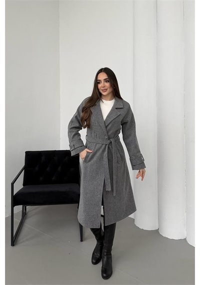 Neşeli Butik Kadın Antrasit Kuşaklı Reglan Kol Düğmeli Premium Kaşe Kaban Nbkbn01 Antrasit
