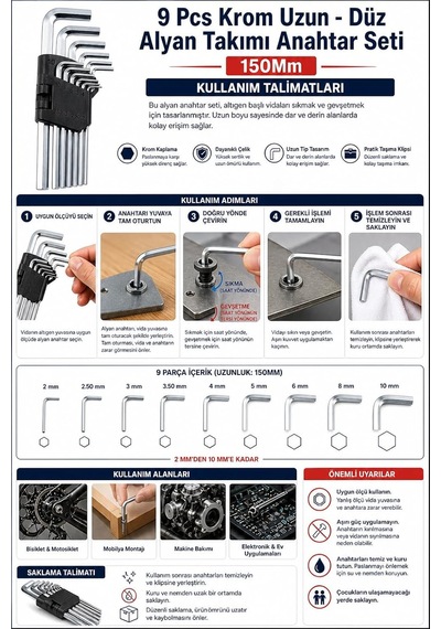 9 Parça Krom Uzun Düz Alyan Anahtar Seti 150 Mm 2 10 Mm Dayanıklı Çelik Allen Anahtar Takımı