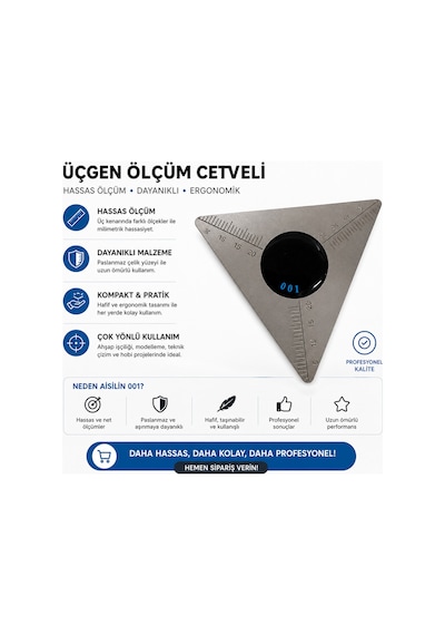 Paslanmaz Çelik Profesyonel Üçgen Ölçü Cetveli Teknik Çizim, Ahşap İşleme Ve Hobi Kullanımı