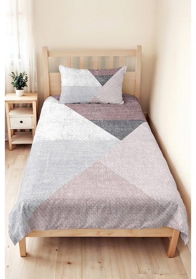 Geometrik Gri Genç Odası Tek Kişilik Pike Takımı - Pudra Modern 160x220 Cm Kapitone Yatak Örtüsü Masalsı Örtü Uyumu