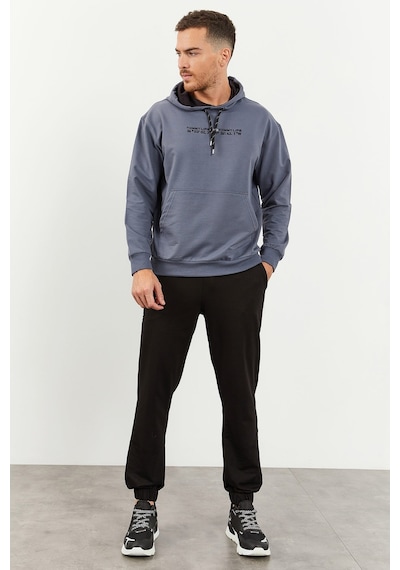 Tommy Life Petrol - Siyah Kapüşonlu Kanguru Cep Lastik Paça Erkek Oversize Eşofman Takımı - 85117 Petrol Mavi
