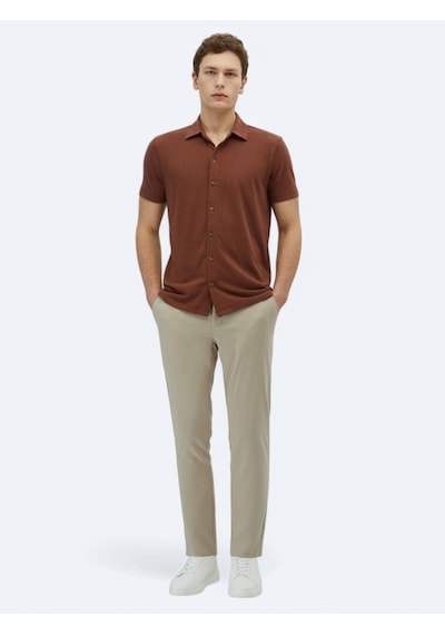 Kip Kahverengi Düz Regular Fit Casual Pamuk Karışımlı Gömlek Kahverengi