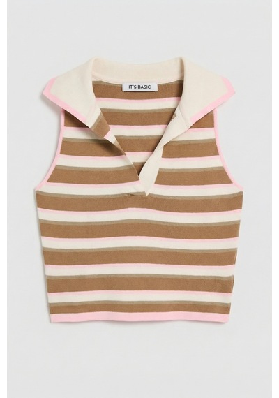 Kadın Kahve Bej S6-98 Crop Fit Polo Yaka İnce Yazlık Triko Body