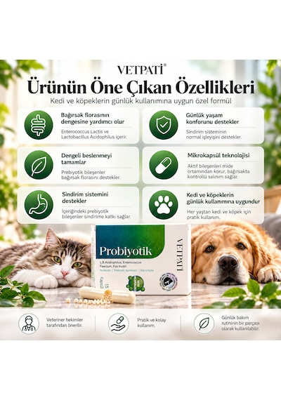 Vetpati Probiyotik Kedi Ve Köpekler Için Probiyotik Prebiyotik Sinbiyotik Takviye 15 Kapsül
