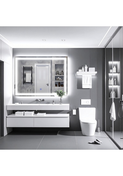 Rectango Beyaz Led'li Kumlamalı Lavabo & Banyo Aynası Dokunmatik Sensörlü 100 X 75 Cm