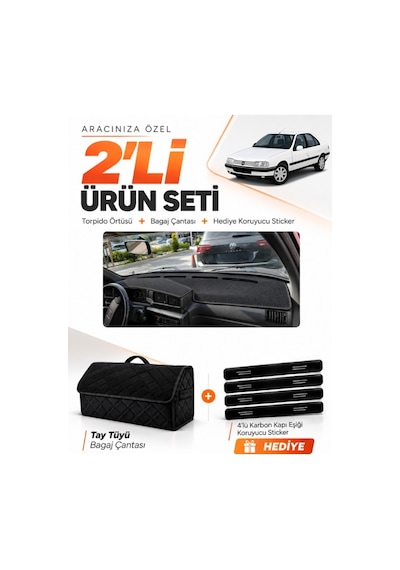Peugeot 405 1987-1992 Uyumlu Torpido Örtüsü + Tay Tüyü Bagaj Çantası + Sticker Seti - Siyah