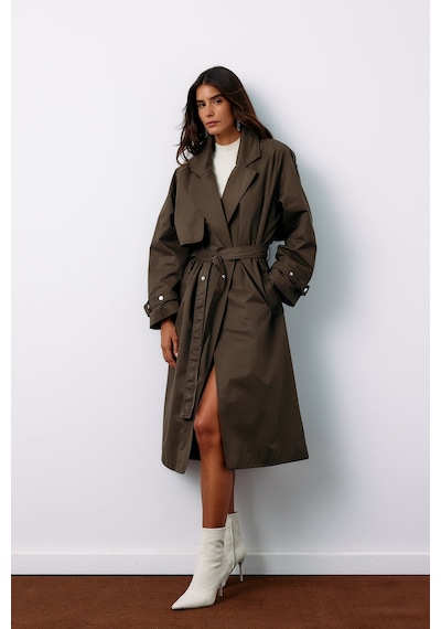 Sateen Kuşaklı Uzun Trençkot - Haki-135125 Haki