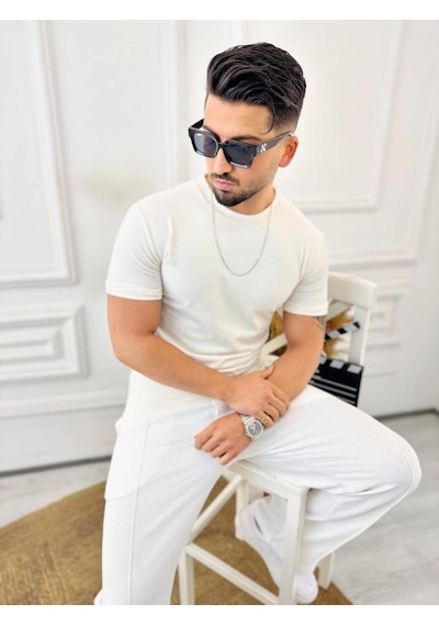 T-shirt Slim Fit Tişört Dar Kesim Kadife Tişört Beyaz