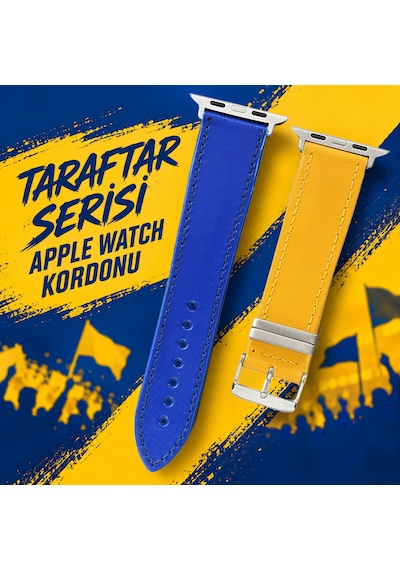 Goldoni Apple Watch Uyumlu Sarı Lacivert İnce Hakiki Deri Taraftar Kordonu Metal Köprülü