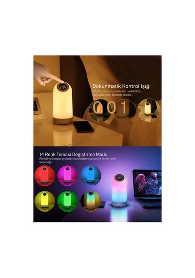 Bluetooth Hoparlörlü Gece Lambası 7 Si 1 Arada Alarm Saati Fm Radyo Dokunmatik Rgb Işık Renkli Lamba Sarı