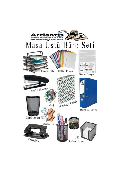 Masa Üstü Ofis Paketi 13 Parça Fotokopi Kağıdı Metal Evrak Rafı Metal Kalemlik Zımba Makinesi Teli Delegeç Çöp Kovası Küp Notluk