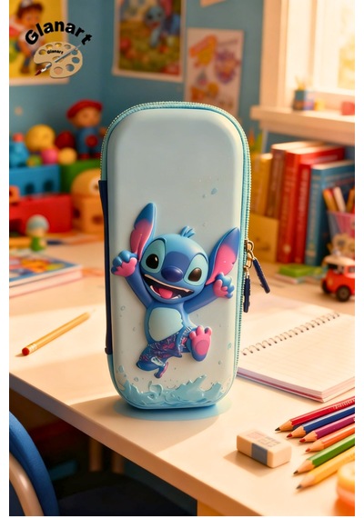 Stitch Kabartmalı İçi Fileli Kalem Kutusu Kalemlik 1 Adet Buz Mavi Açık Mavi