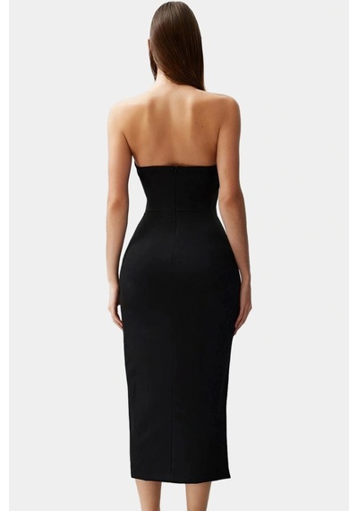 Ersefa Kadın Bodycon Midi Elbise Kare Yaka Finike Dokuma Yazlık Şık Elbi Siyah
