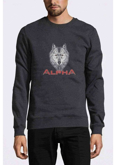 Wolf Alpha Baskılı Füme Erkek Örme Sweatshirt