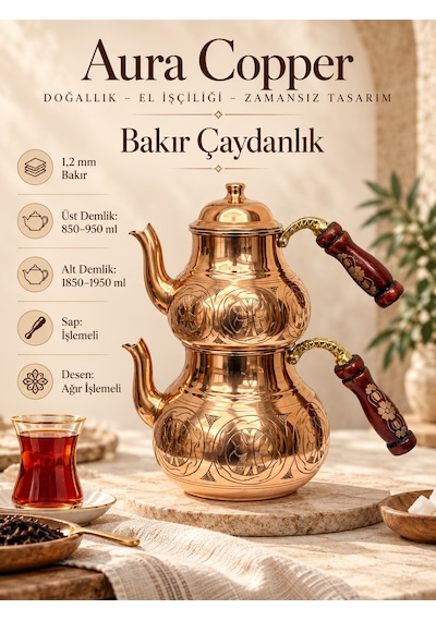 Aura Copper Ağır El İşlemeli Kalın Bakır Çaydanlık Takımı 1,2 Mm 27 Cm Bakır Parlak/ac-cy-032