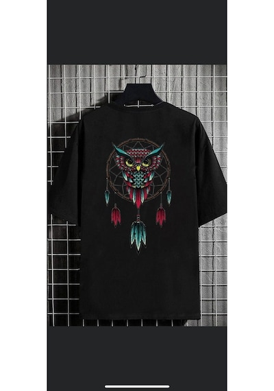 Flood Of Style Erkek Siyah Baykuş Oversize Bisiklet Yaka Tshirt