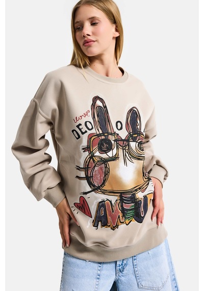 Itsbasic Kadın Ekru Bej W5 Oversize Baskılı %100 Koton Organik Kumaş Sweatshirt