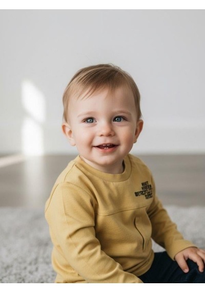 Zekids Erkek Bebek Pamuklu Yazı Detaylı İnce Uzun Kollu T-shirt-16860 Sarı