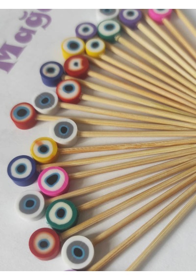 100 Adet Dekoratif Renkli Fimo Nazar Boncuklu Sunum Kürdanı 6,5 Cm - Nazarboncuklu Pasta Kürdanı
