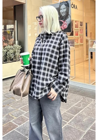 Madmext Siyah Oversize Ekose Desenli Kadın Gömlek Mg2589 Siyah