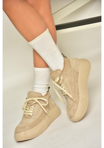 Fox Shoes T811845302 Bej Süet Kalın Tabanlı Kadın Ayakkabı Bej-süet Bej