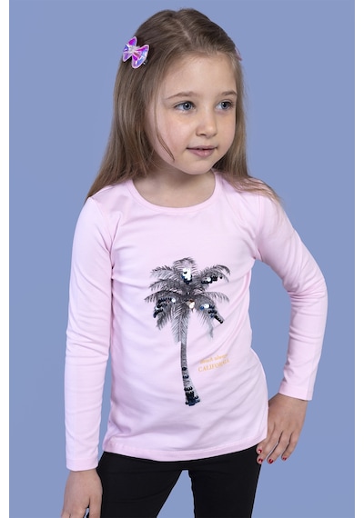 Toontoy Kids Toontoy Kız Çocuk Palmiye Baskılı Pul İşlemeli Tişört Açık Pembe