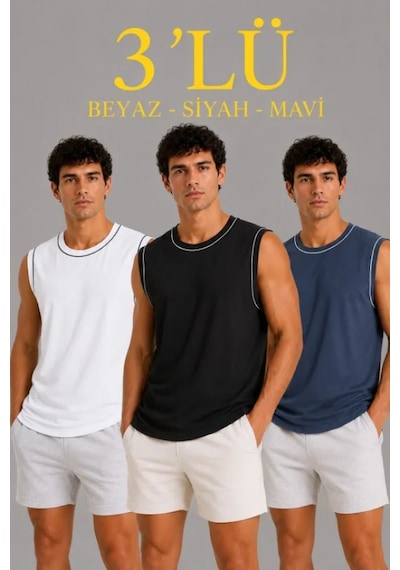 Efnaz Style Erkek 3 Lü Kolsuz Sporcu Atlet Seti Yazlık Bisiklet Yaka - Siyah, Beyaz, İndigo Çok Renkli