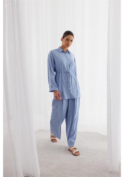 Mizalle Beli Büzgülü Modal Dokulu Mavi Tunik