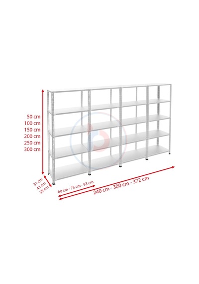 Raf Burada  5 Katlı 4'lü Galvaniz Çelik Raf - Depo, Arşiv, Kiler, Dosya, Market Rafı-43x60 cm-300 cm-1.00 mm