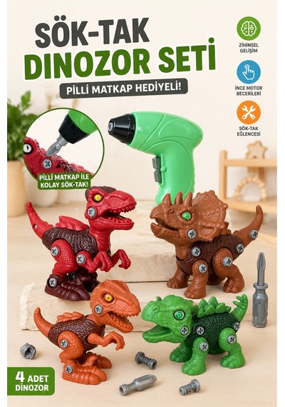 Sök Tak 4'lü 14cm Dinozor Oyuncak Seti Vidalı Montajlı Eğitici Oyuncak + Pilli Matkap İle