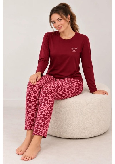 Gd Goldoremi Kadın Kalp Desenli Likralı Termal Kumaş Bordo Uzun Kollu Pijama Takımı